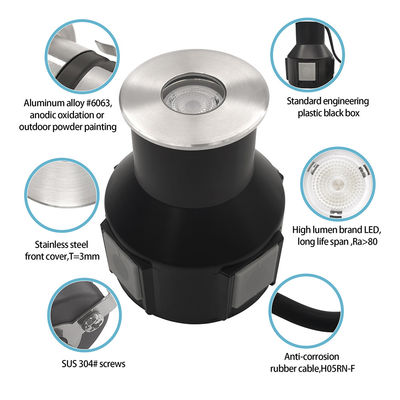 Luz subterrânea IP67 Recessada Baixa Tensão 1W 3W 3000K DC24v Forma Quadrada Redonda Com Cobertura Frontal de Aço Inoxidável