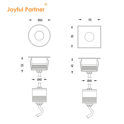 Luz subterrânea IP67 Recessada Baixa Tensão 1W 3W 3000K DC24v Forma Quadrada Redonda Com Cobertura Frontal de Aço Inoxidável