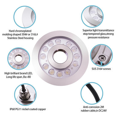 Luz de anel de fonte LED IP68 24W Luz subaquática de aço inoxidável