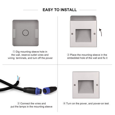 Quadrado de alumínio escada embutida luz de parede 3w DC 24v Material de alumínio para interiores elegantes