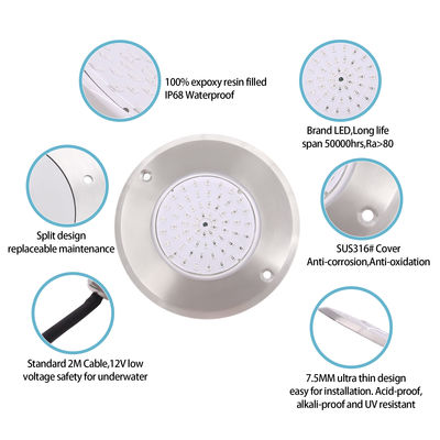 Luzes de piscina LED IP68 Branco/Branco quente 316 Cobertura de aço inoxidável 6W SMD 2835 63Pcs