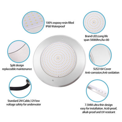 2024 Venda Quente IP68 Super Thin 7.5mm AC12V 316 Aço Inoxidável RGBW SMD LED Piscina subaquática Luz com controle remoto