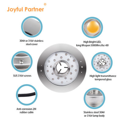 Joyful Partner 6W 9W 12W 18W 24V DMX Controle de aço inoxidável IP68 Luzes de fonte RGB subaquáticas