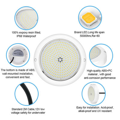 Lâmpadas de piscina de mudança de cor ABS PC RGB Emtting 12V Input Superfície branca quente montada