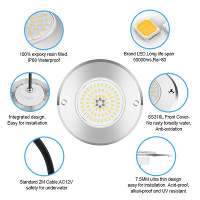 RGB Ultra Slim IP68 Iluminação de piscina LED SS316 Casas Tipo integrado SMD2835 6W