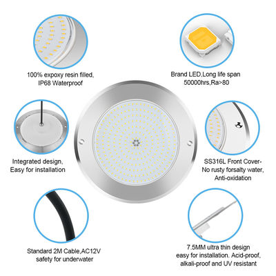 SUS316 Capa montada IP68 DC12V 3000K Iluminação de lago LED subaquático SPA