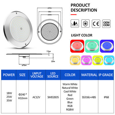 SUS316 Capa montada IP68 DC12V 3000K Iluminação de lago LED subaquático SPA