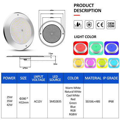 Lâmpadas de piscina LED subaquáticas 316 aço inoxidável 25W Smd2835 Resina preenchida 3000K RGB Lâmpada de piscina SMD 2835 AC 12v IP68 totalmente à prova d'água