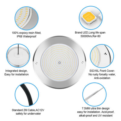 Lâmpadas de piscina LED subaquáticas 316 aço inoxidável 25W Smd2835 Resina preenchida 3000K RGB Lâmpada de piscina SMD 2835 AC 12v IP68 totalmente à prova d'água