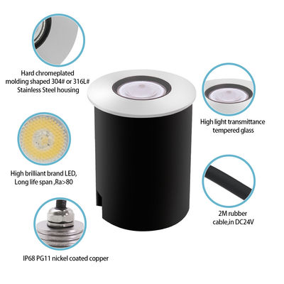 Iluminação de piscina DC12 ~ 24V 1W 2W LED de aço inoxidável de cor única com caixa preta ABS