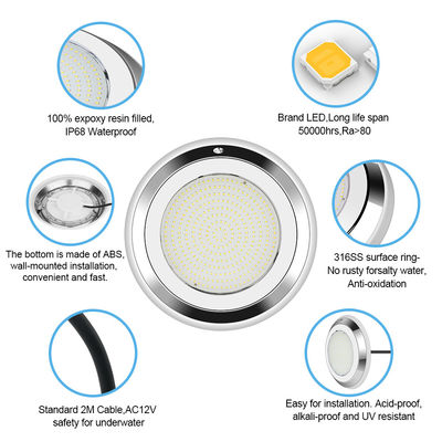 Luz de piscina subaquática AC12V de aço inoxidável de mudança de cor montada na parede RGB ø280*35mm