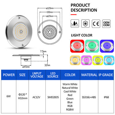 Par 56 Rgb Led Swimming Pool Light 6W 10W 18W 25W 35W 42W Ultra Thin 7.5mm Super Slim Resin Preenchido AC 12V Voltage SMD LED Com Material SS316L