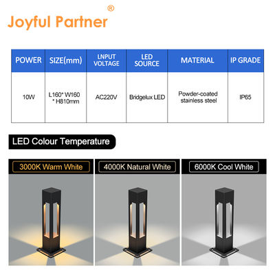 Luzes impermeáveis personalizadas para exteriores 160*160*800MM Bridgelux LED 3000K 10w Branco quente Ra 80