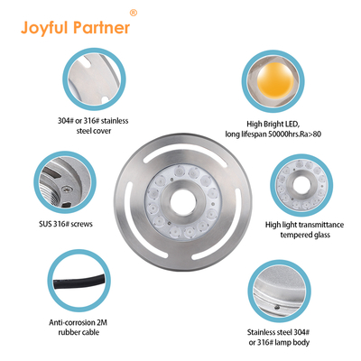 Luz de Fonte LED Subaquática IP68 12W 24W 36W Branco Quente Azul RGB Aço Inoxidável 316L Com Diâmetro de 285mm
