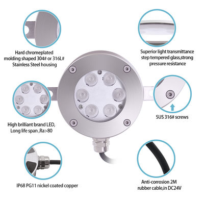 Luz de Fonte LED Controlável por DMX512 DC24V 12W 3000K Aço Inoxidável IP68 para Paisagem Subaquática