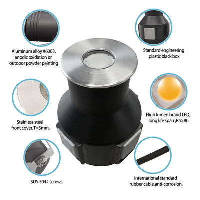 LED Inground Uplight Impermeável 3000K DIA55MM Tipo Recessado 24V DC IP67 Com Vidro Esfriado