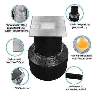 Luminárias Subterrâneas LED 3W Formato Quadrado Aço Inoxidável 304 ou 316 Moldura 45*45MM Corpo em Alumínio Fundido