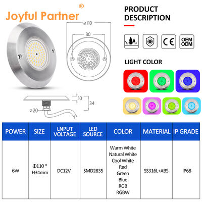 6W Ultra Slim Underwater PAR56 Lâmpada de piscina SMD LED 2835 à prova d'água 110x34MM DC12V/AC12V