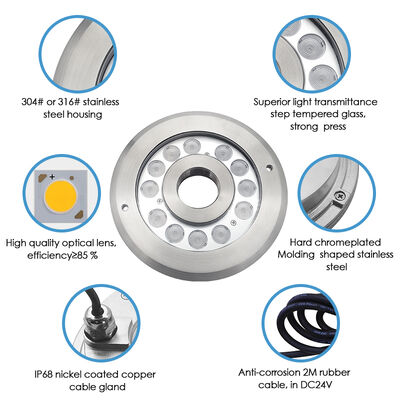 Luz de fonte subaquática LED Branco quente12 volts 12W SS 316 Material com comprimentos de cabo de 2 metros