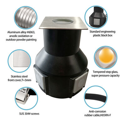 Luz LED Embutida Ângulo de Feixe 8 Graus DC24V 3W 3000K 50*50MM Com Corpo de Alumínio IP67